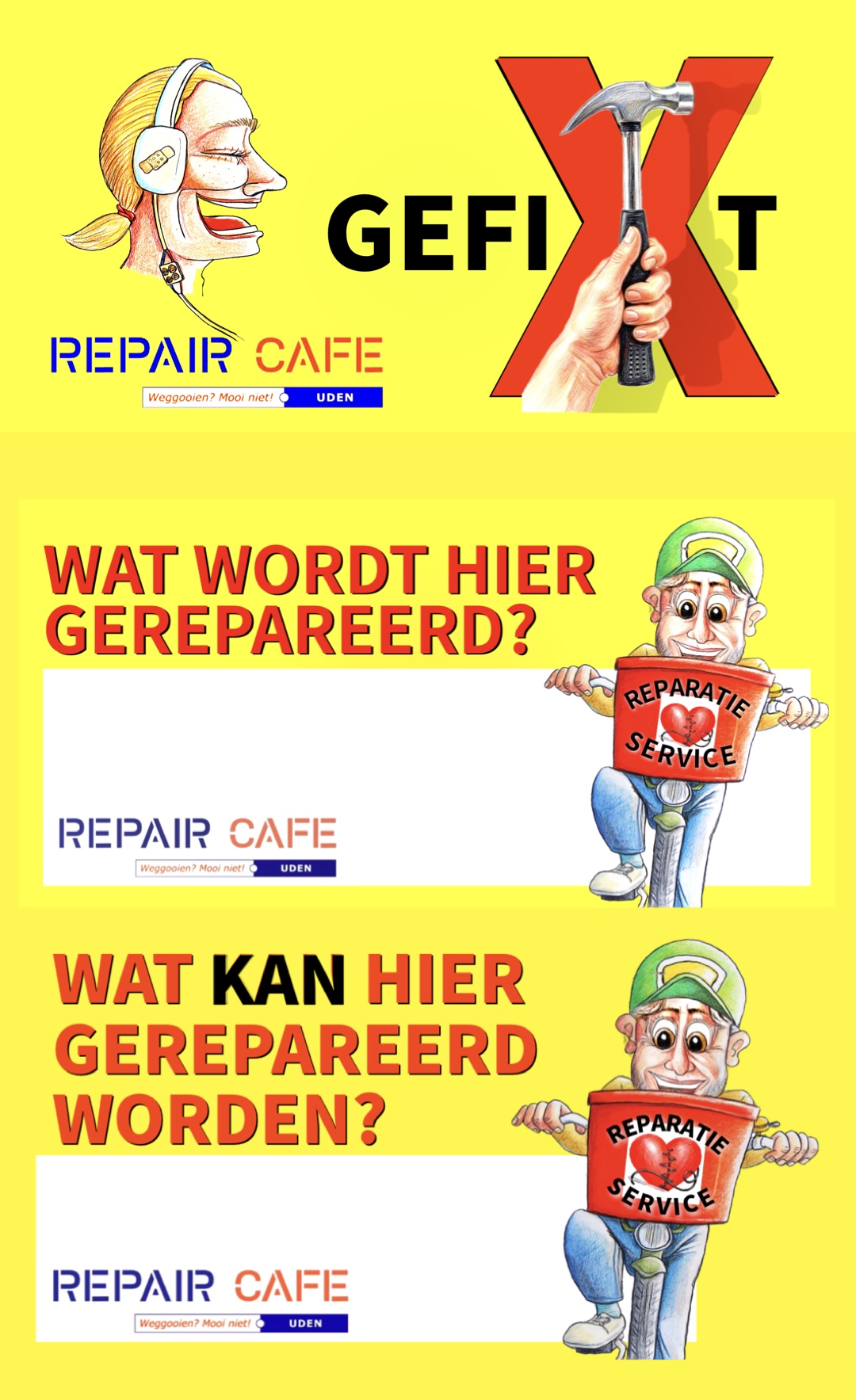 Repaircafé pop up Uden centrum repareren gefixt Gert de Goede ontwerp en illustratie