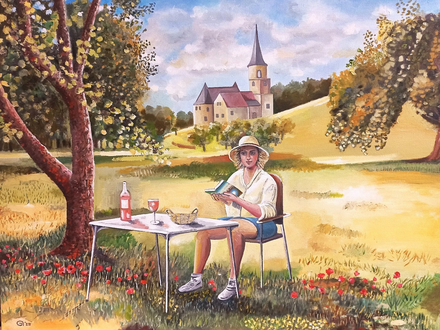 Romantisch Schilderij Frans landschap romantisch met meisje in geel en fles rose, olieverf op doek, Peter Boonstra kunstschilder, kunstenaar Almere 